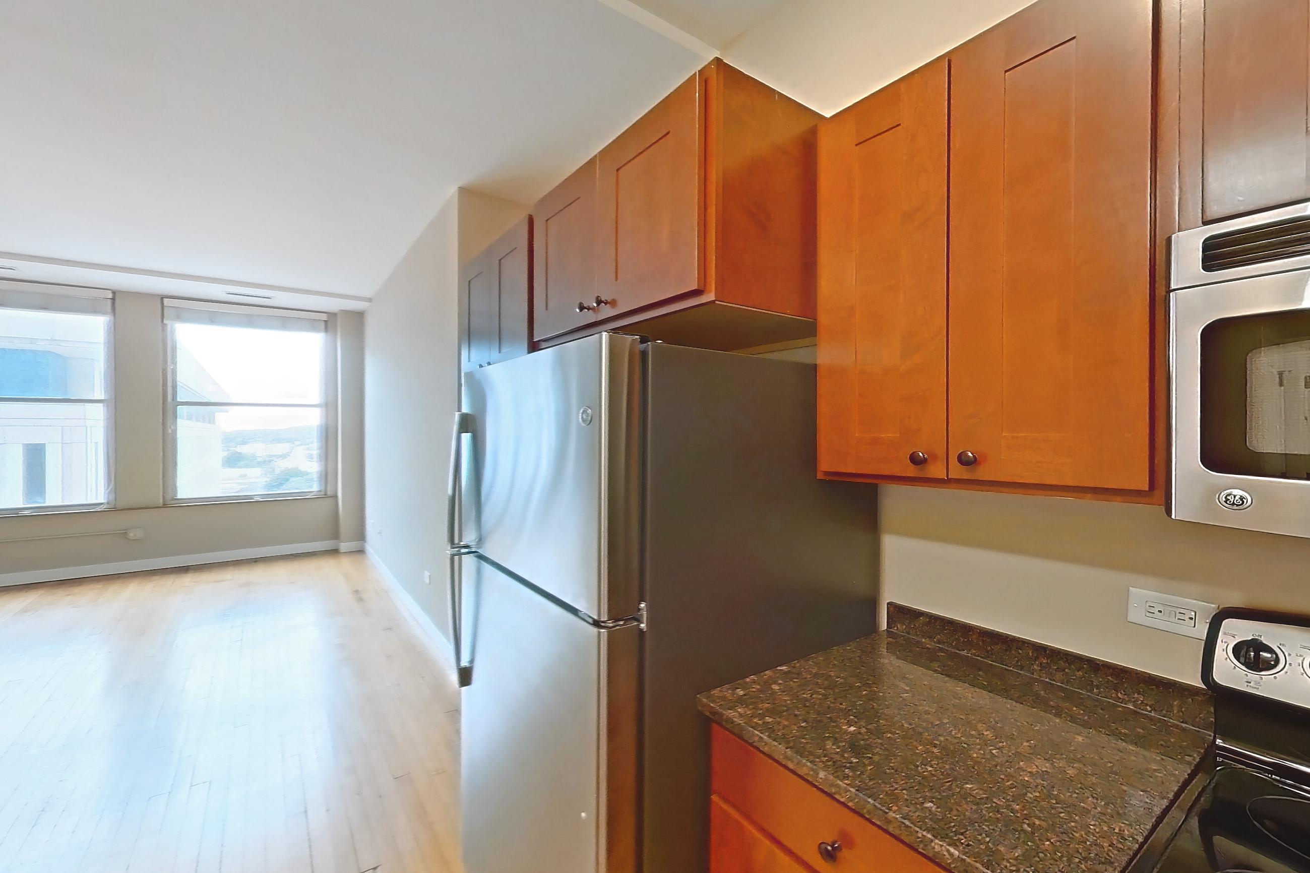 Kitchen in Apartment 0721 at Pioneer Endicott Apartments, 1BR/1BA floor plan