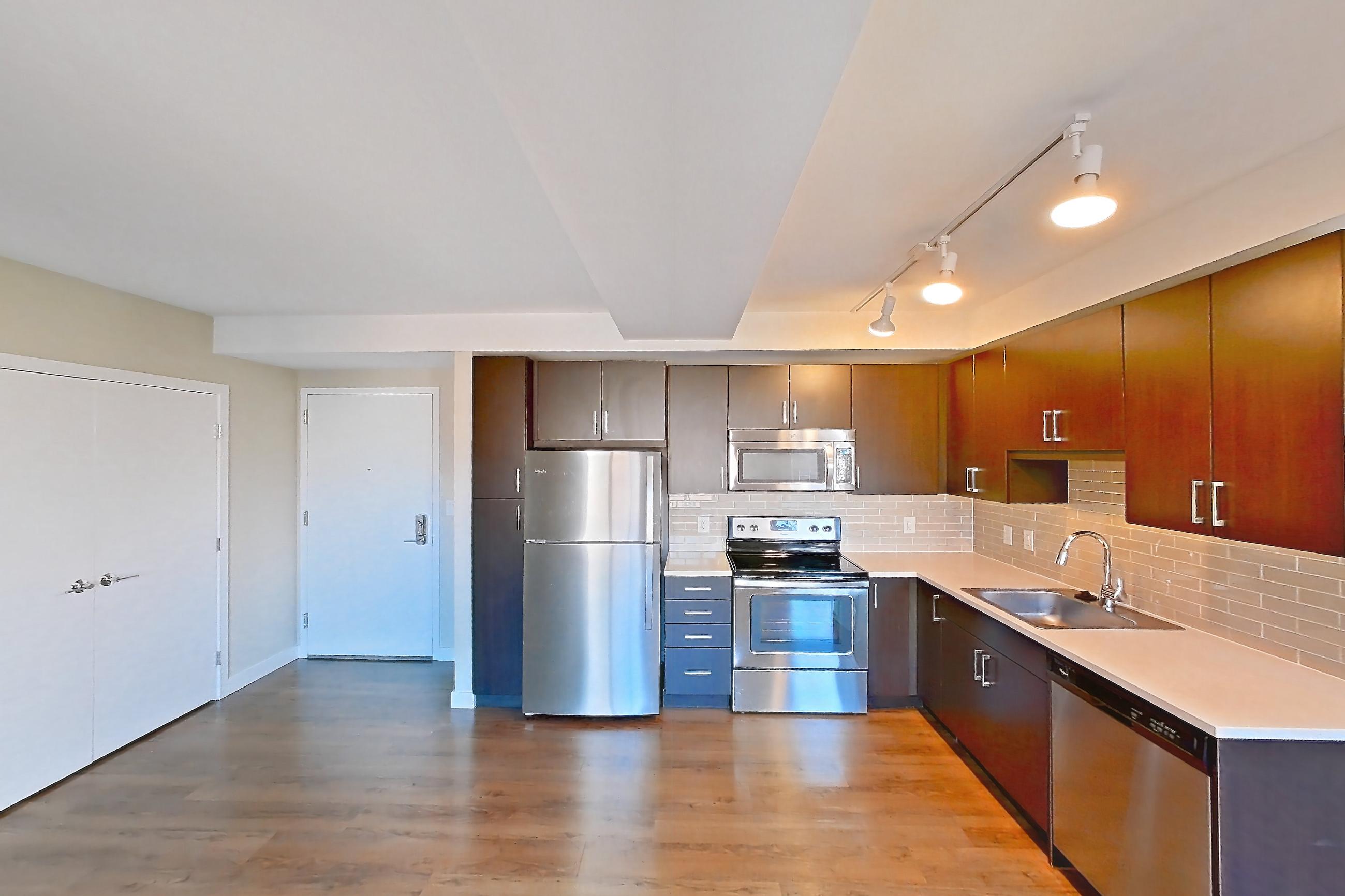 Living room with dark wood-finish flooring, dishwasher, light wood-finish flooring, and stainless steel appliances, Apartment 1007 at Luka