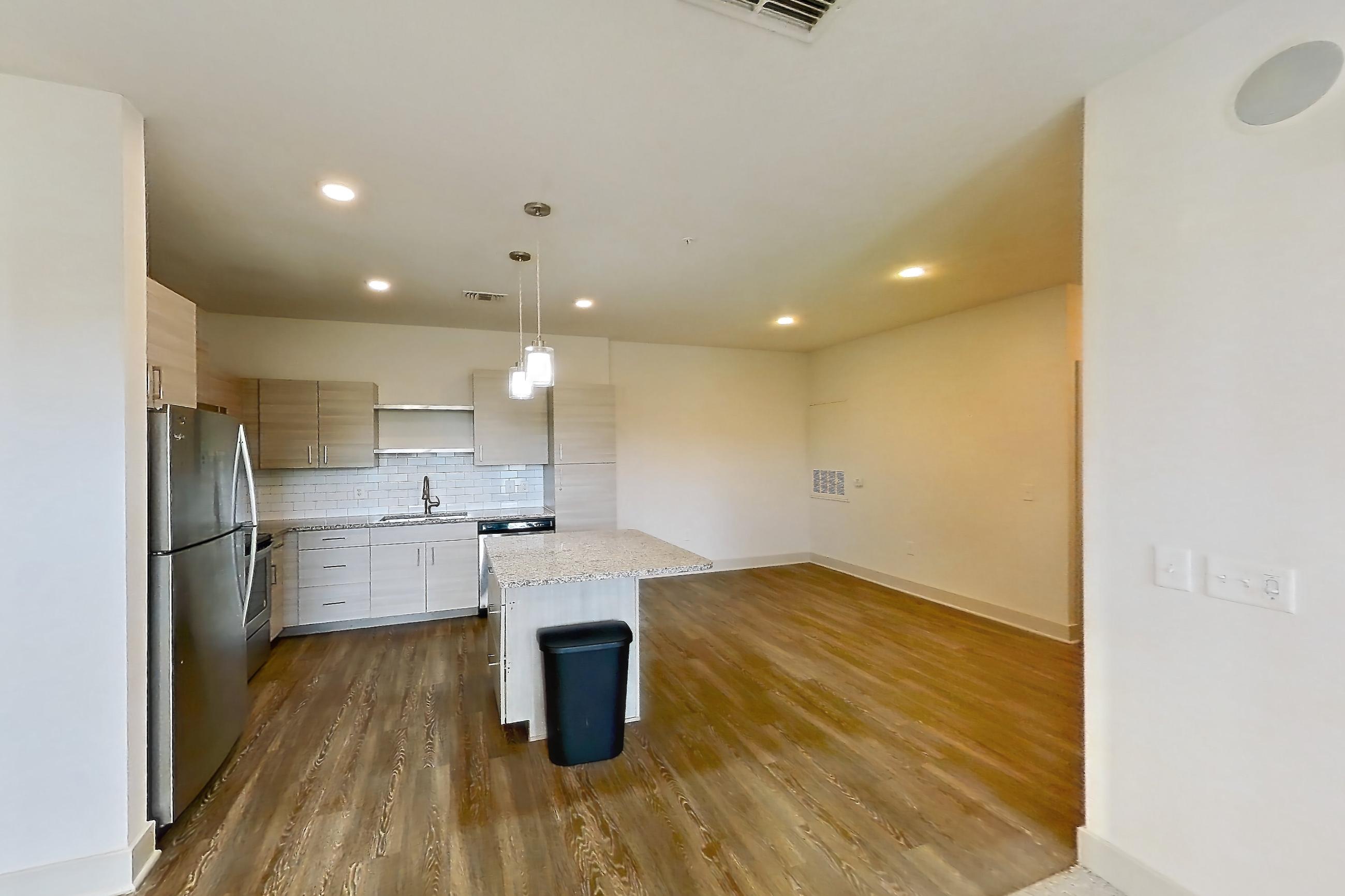 Living room with dark wood-finish flooring, light carpet, light stone countertops, refrigerator, and stainless steel appliances, Apartment 154-204 at Domain