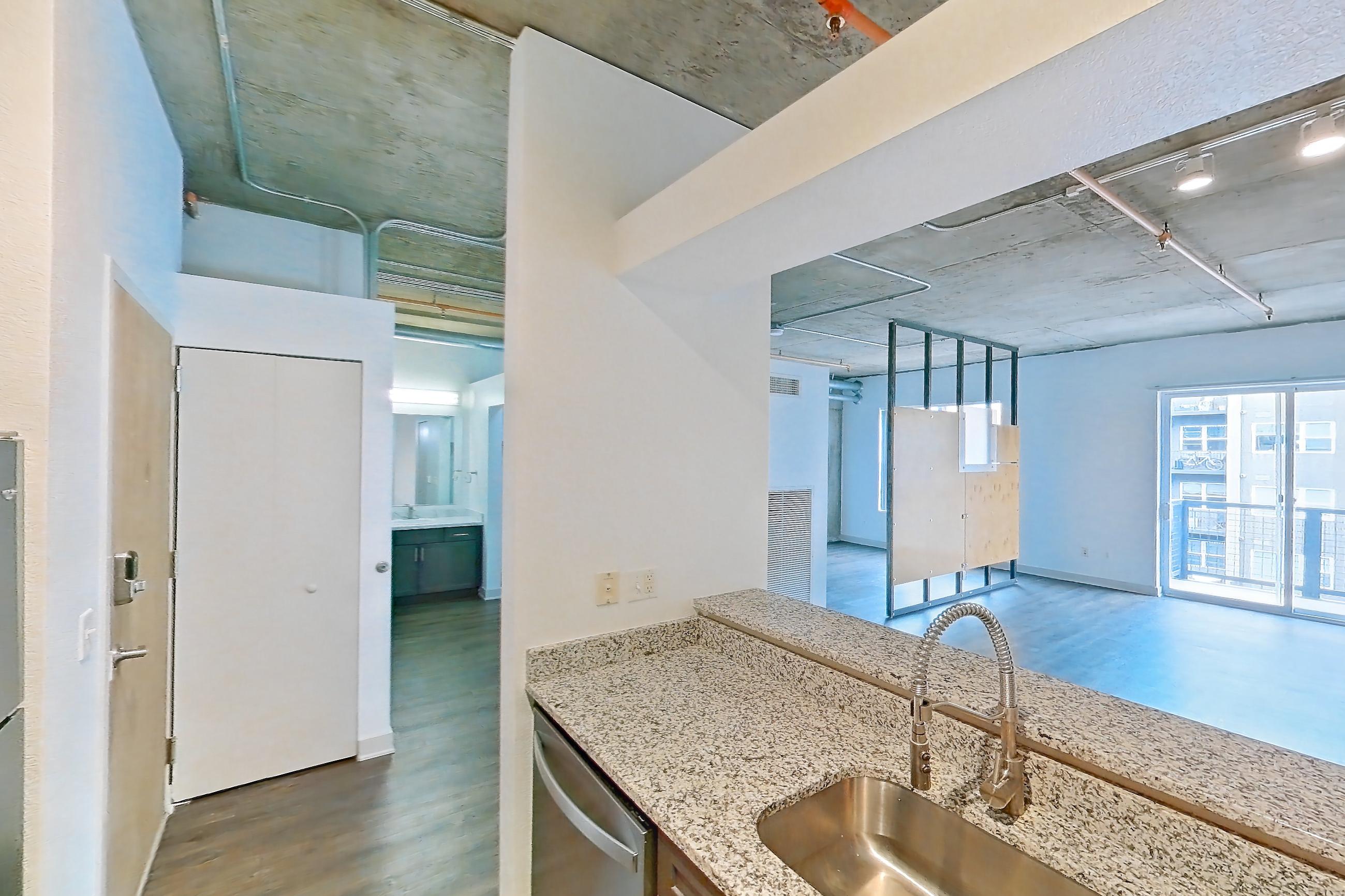 Kitchen in a A6 floor plan apartment, representative of Apartment 1512 at Cortland on Blake