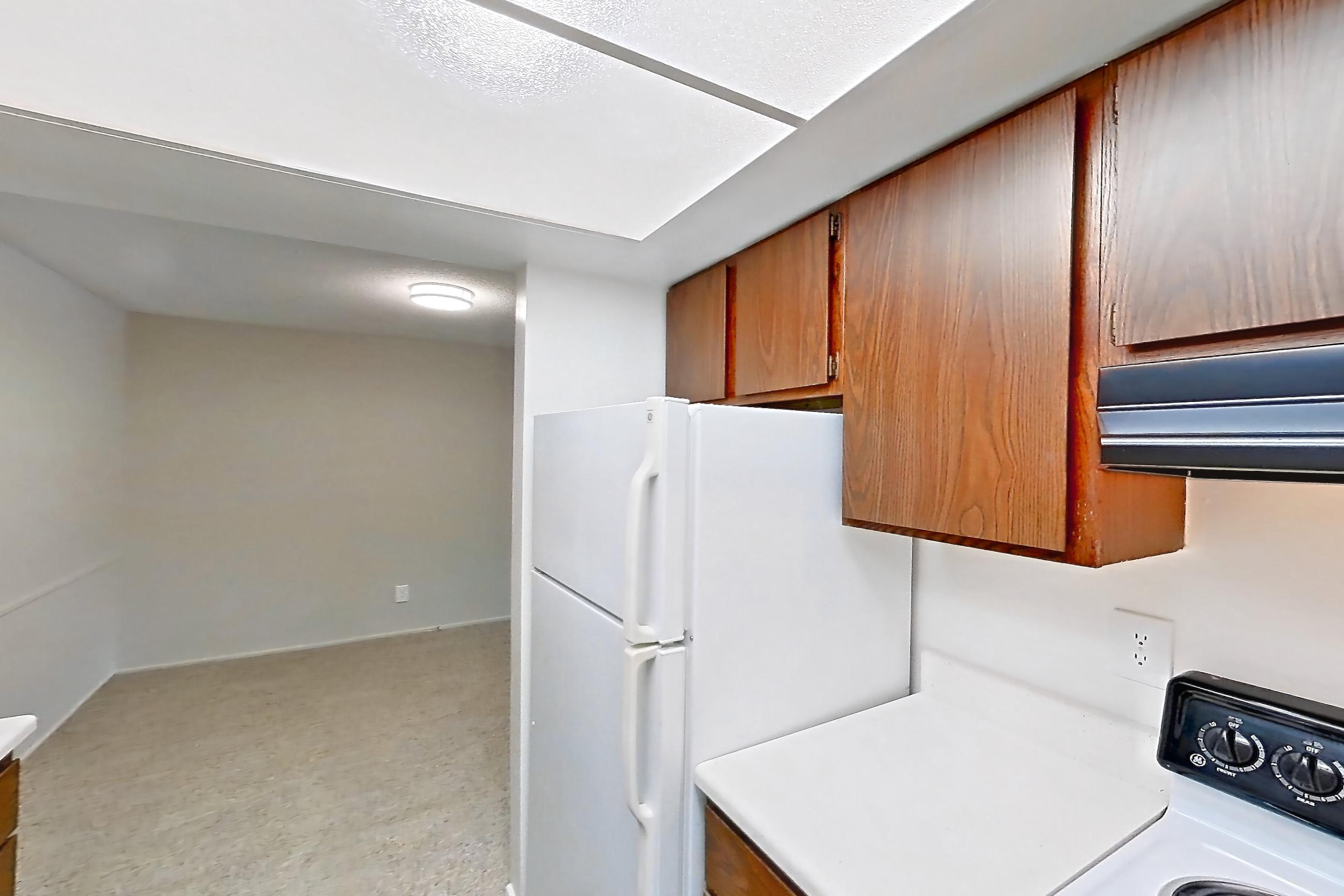 Kitchen with black appliances, dishwasher, electric range, light carpet, light countertops, light wood-finish flooring, oven/range, refrigerator, and white appliances, Apartment 5612-2ST at Canterbury Green