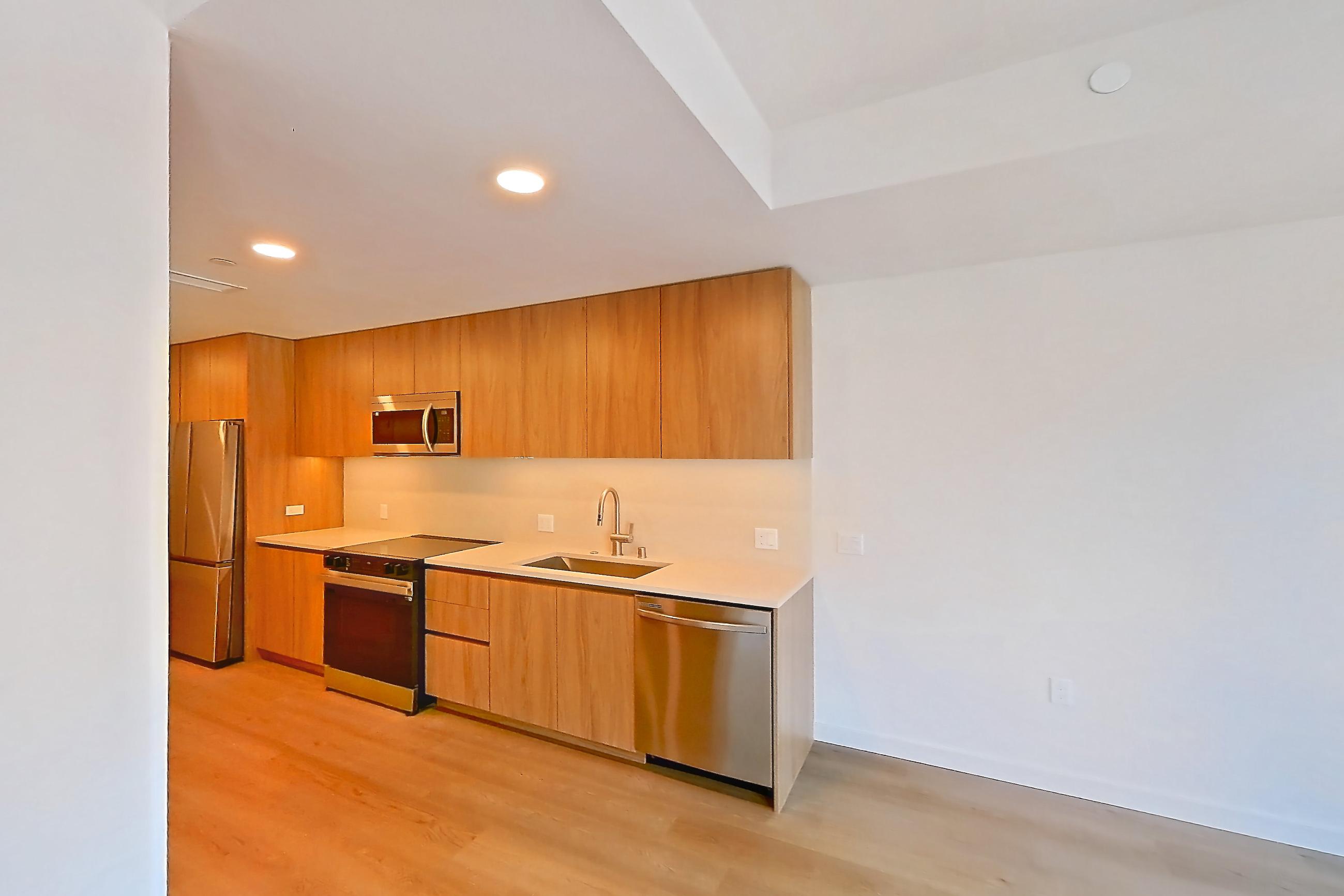 Living room with dishwasher, light wood-finish flooring, and stainless steel appliances, Apartment 203 at Rowyn