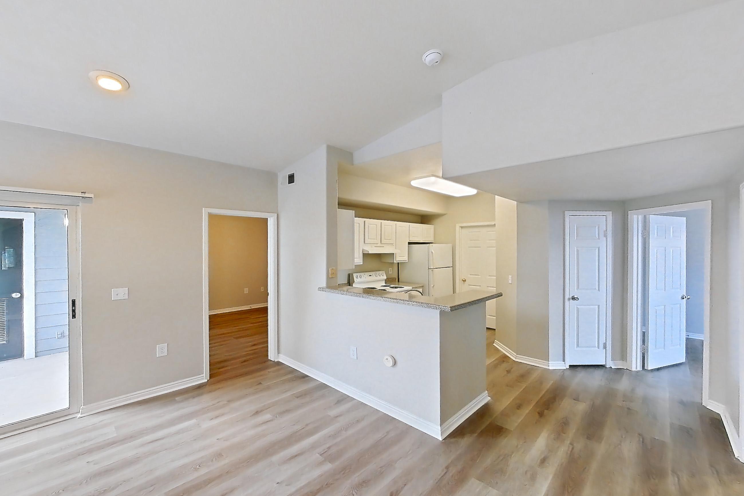 Living space in a 2B floor plan apartment, representative of Apartment 04-205 at Eagle Ridge