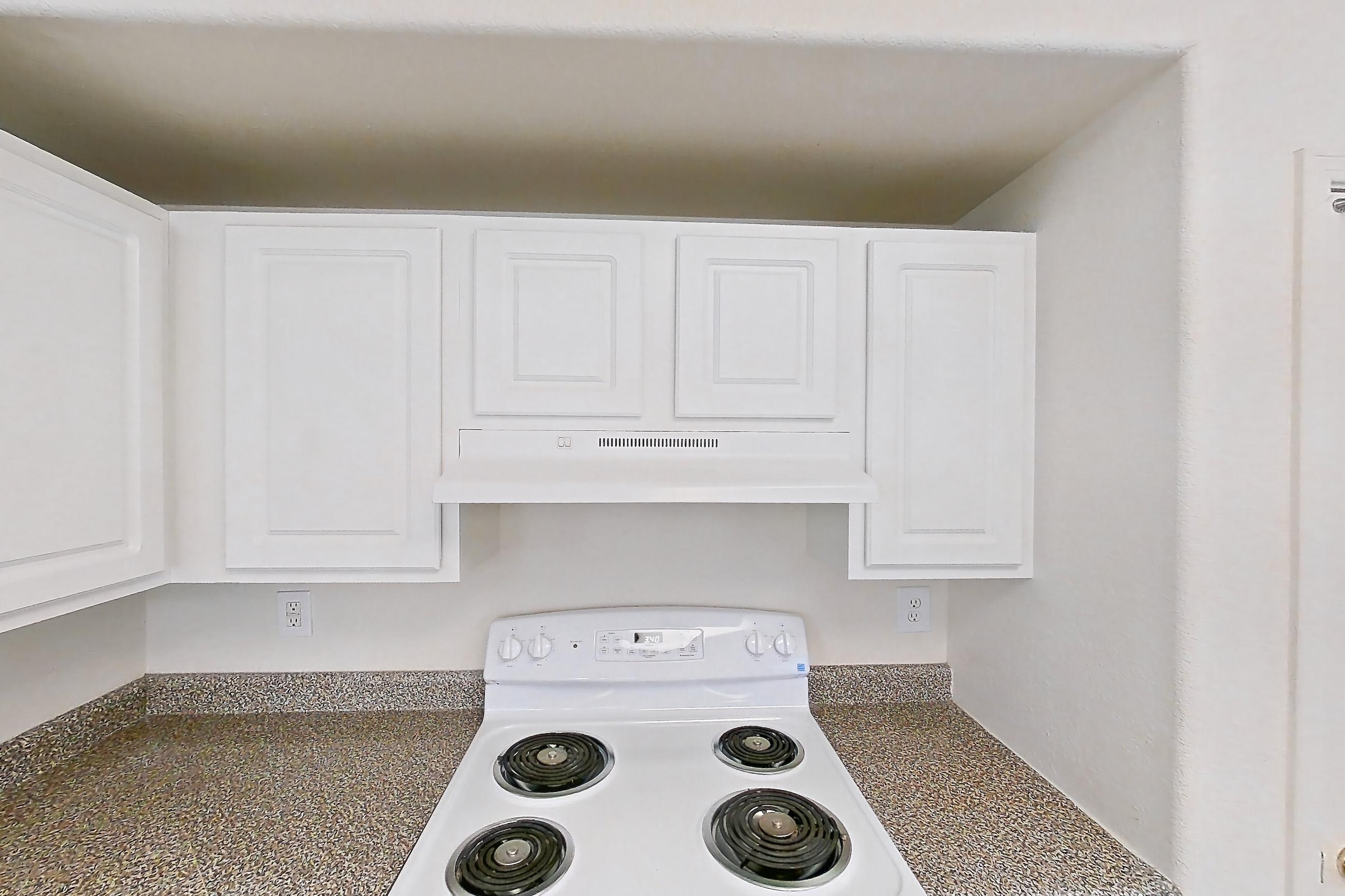 Kitchen with dark countertops, dark wood-finish flooring, dishwasher, electric range, fireplace, oven/range, range hood, tile fireplace, and white appliances, Apartment 01-105 at Eagle Ridge