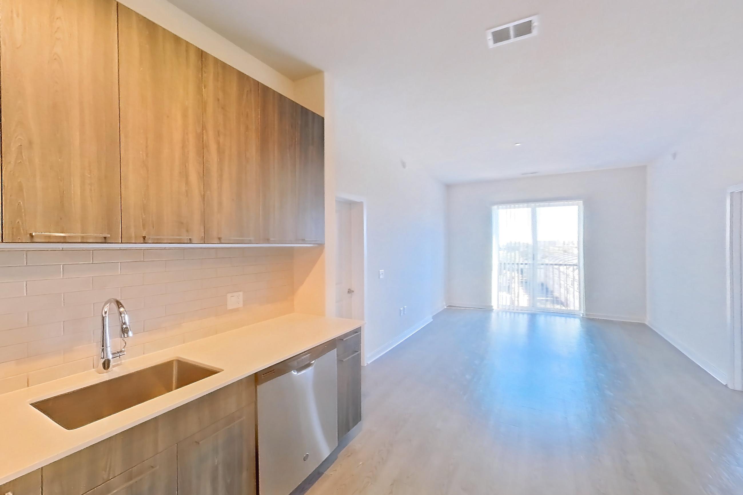 Kitchen in a B2 floor plan apartment, representative of Apartment 460 at Cortland Columbia Pike