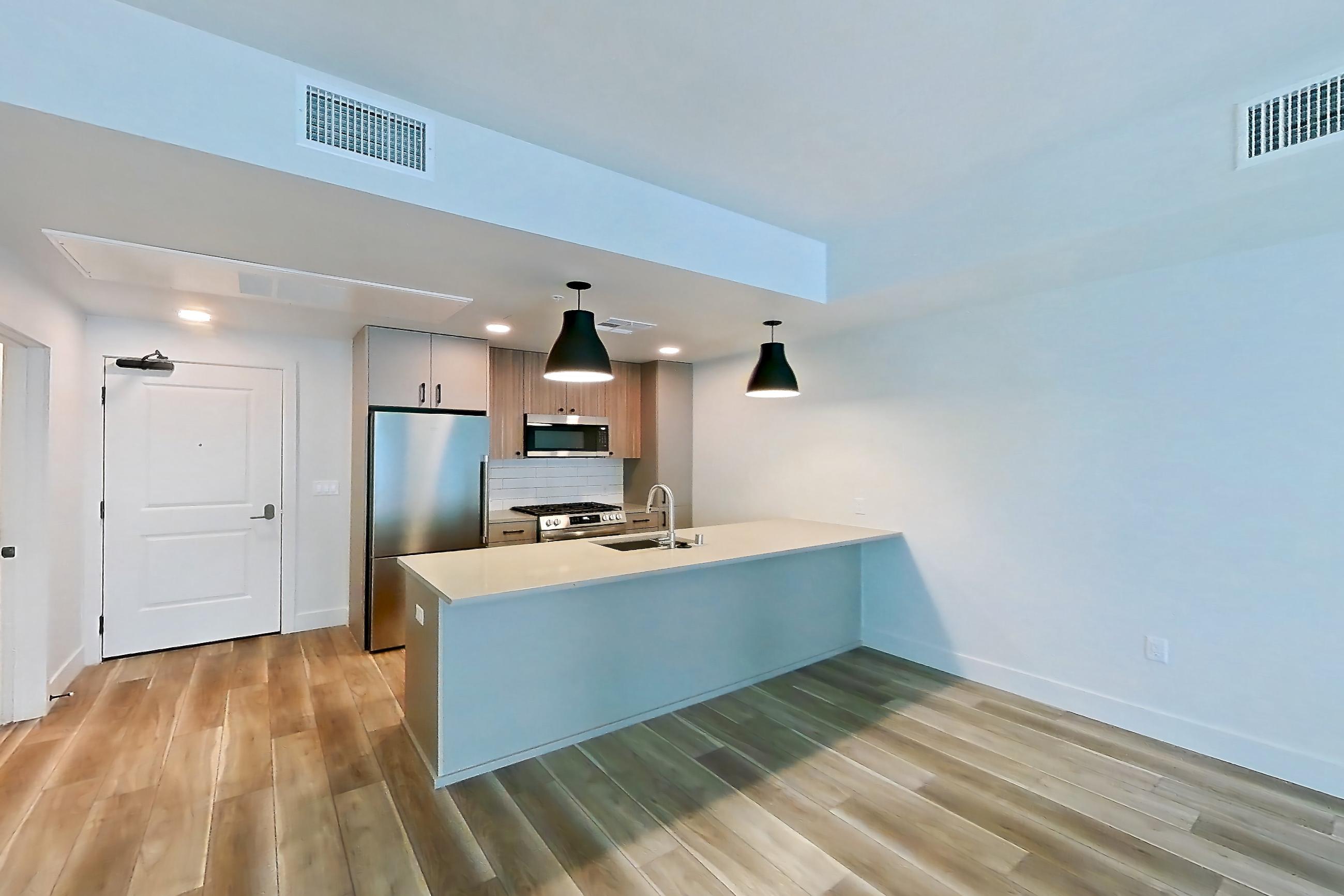 Living room, Apartment 503 at The Myles