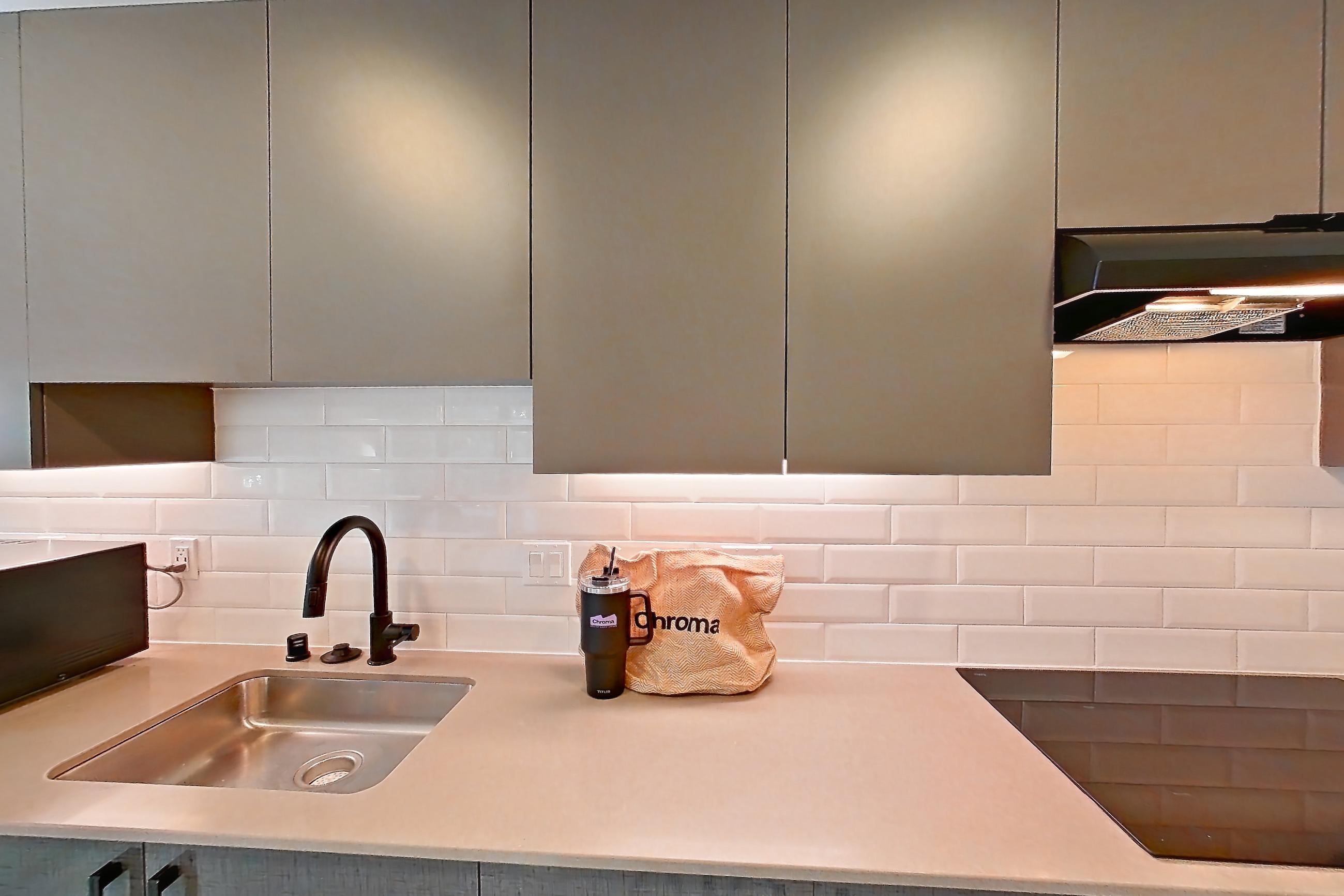 Kitchen in a A7 floor plan unit, representative of Unit 405 at Chroma