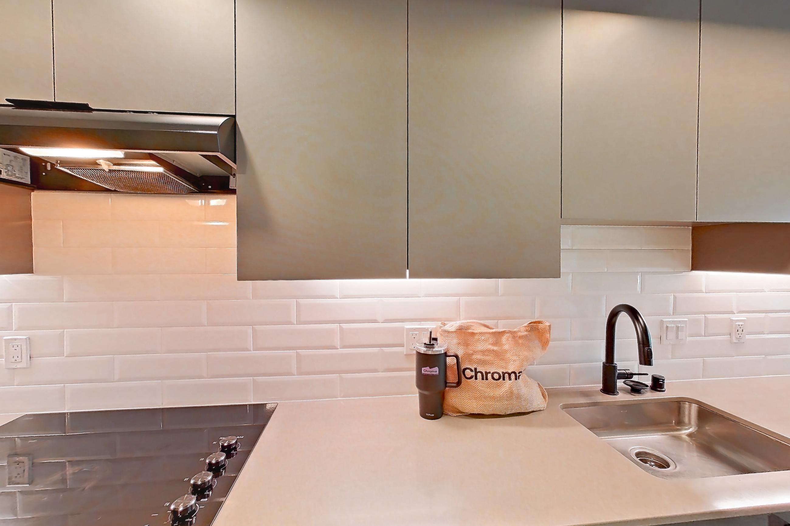 Kitchen in a U8 floor plan unit, representative of Unit 616W at Chroma