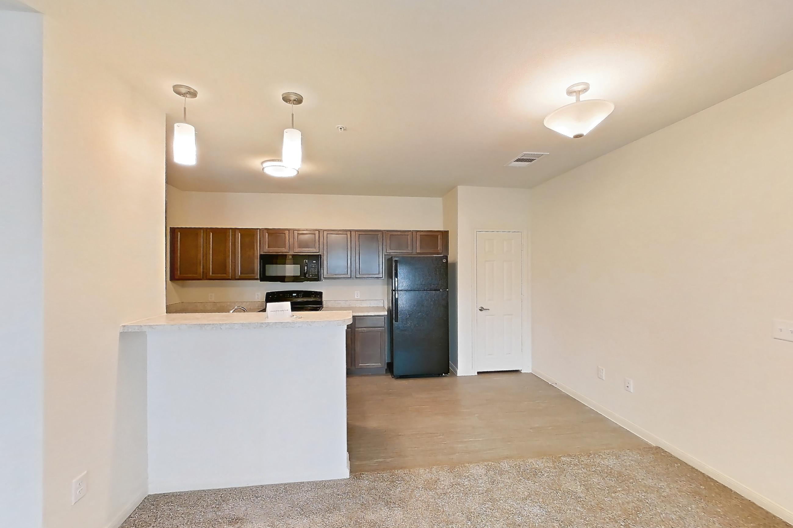Living room with black appliances, electric range, light carpet, oven/range, and refrigerator, Apartment 10208 at Denton Grove